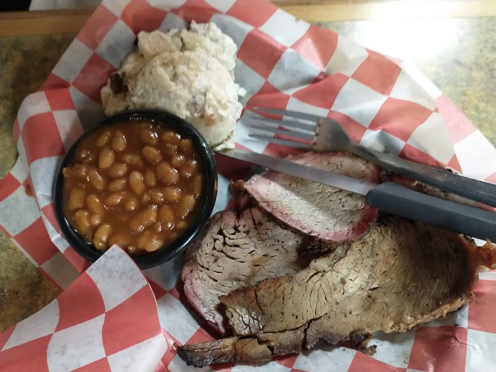Brisket with Mashed Potatoes and Baked Beans